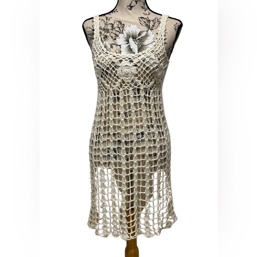 Vintage Boho White Flower Crochet Sleeveless Midi Beach Dress